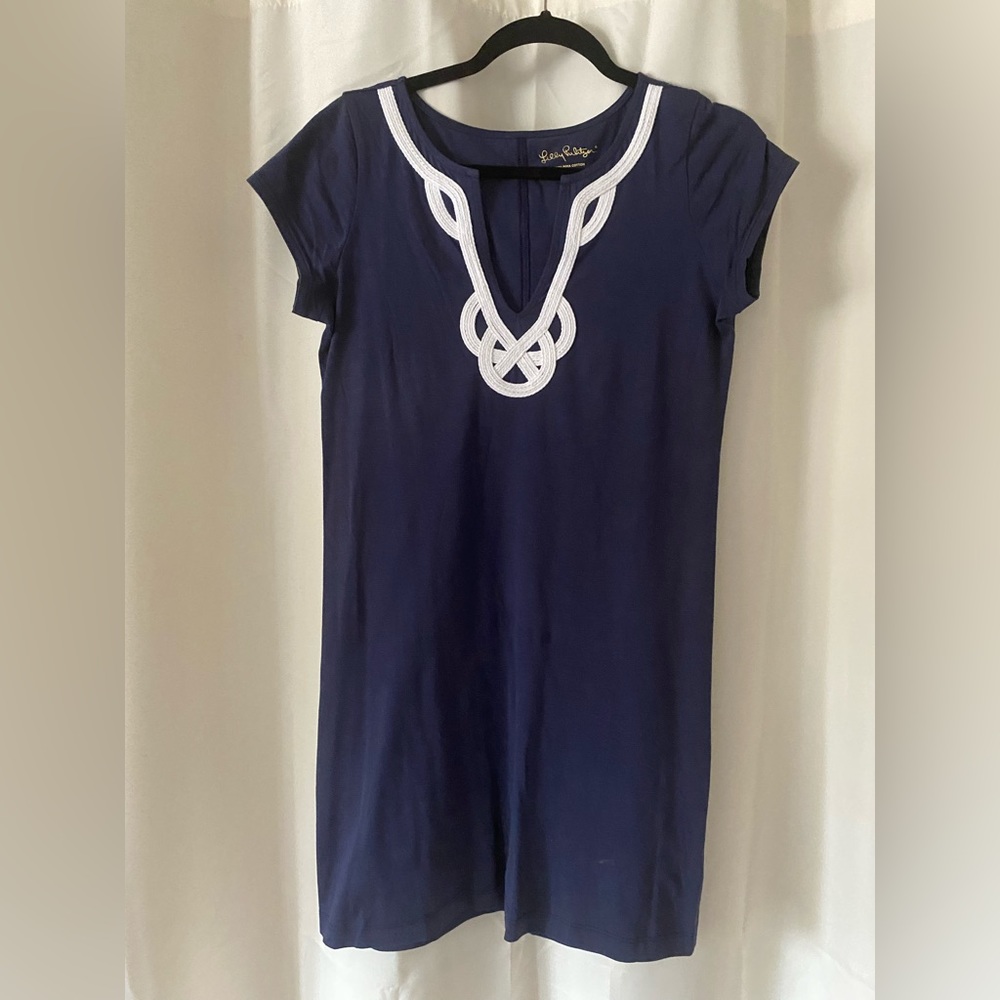 Comfy but super stylish blue dress with white trim!